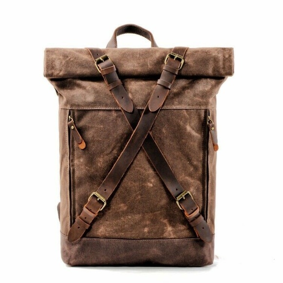 Waxed Canvas With Leather Trim Roll Top Backpack - Picture 2 of 8